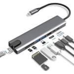 Hub Type-c (8 Em 1) C/ 1 Rj45 (10/100/1000) +1 Sd +1 Micro Sd + 2 Usb 3.0 + 1 Hdmi + 2 Type-c Ref.1381